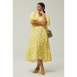 Anthropologie x Hutch V-Neck Tiered Wrap Midi Dress Lemon Print